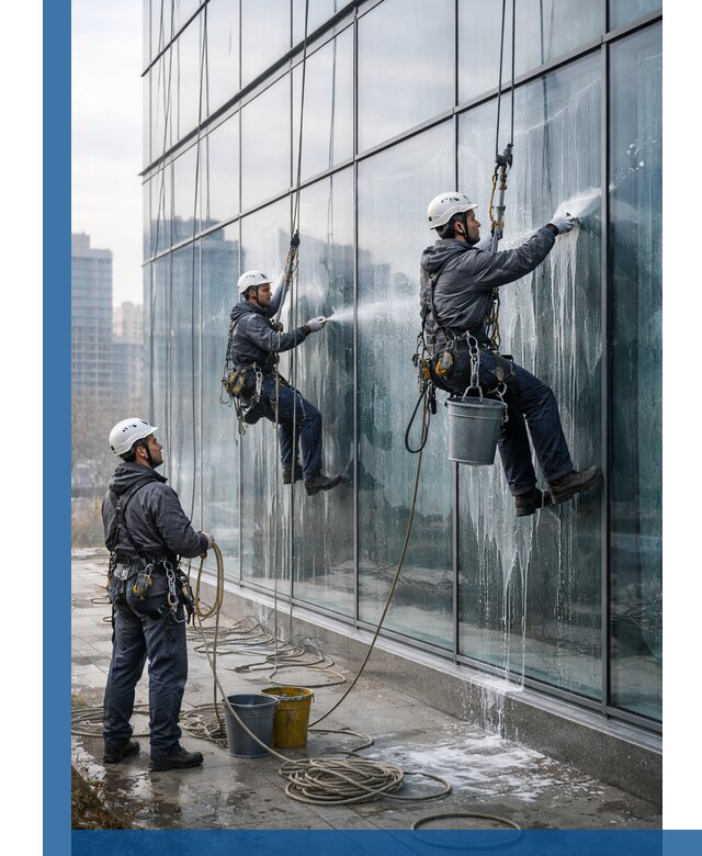 Промышленная мойка панорамных окон на высоте в Хабаровске