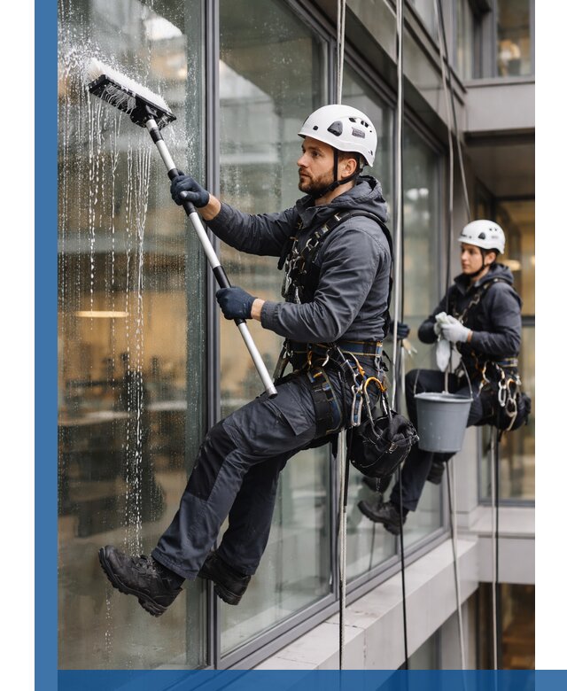 Профессиональная мойка витражей промышленными альпинистами в Хабаровске