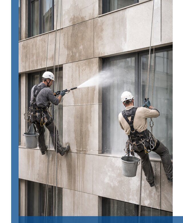 Послестроительная мойка фасада промышленным альпинизмом в Хабаровске