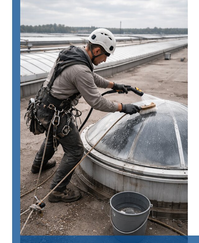 Мойка зенитных фонарей на кровле для промышленных объектов в Хабаровске