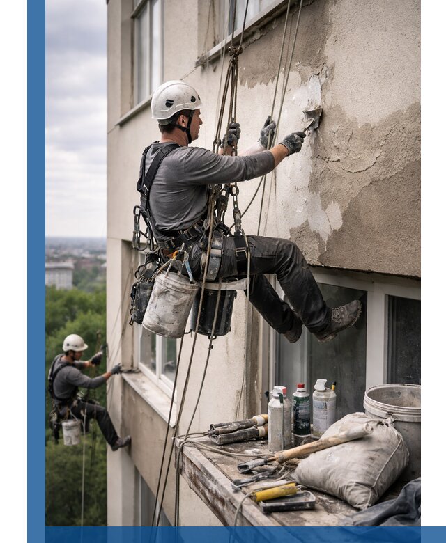 Косметический ремонт фасада зданий в Хабаровске промышленными альпинистами