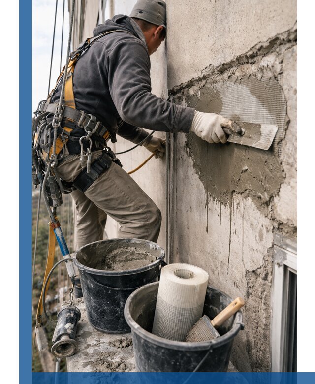 Ремонт бетонных элементов фасада промышленными альпинистами в Хабаровске