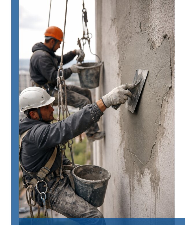 Штукатурка фасада на высоте в Хабаровске профессиональные работы