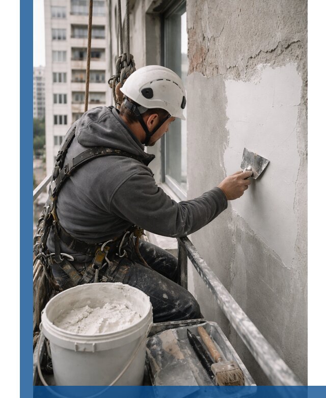 Шпаклевка фасадов на высоте с промальпинистами в Хабаровске