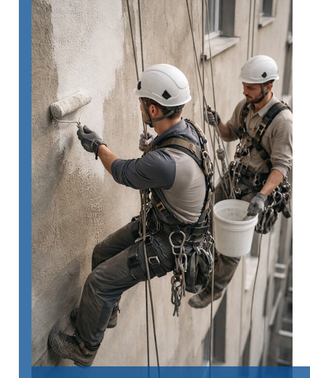 Грунтовка фасада на высоте в Хабаровске промышленными альпинистами