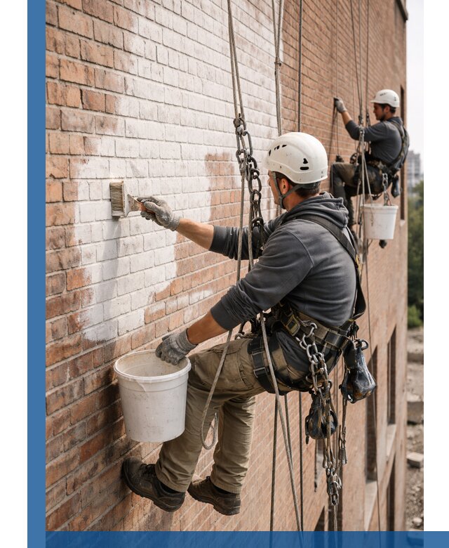 Покраска кирпичного фасада с доступным альпинистским сервисом в Хабаровске