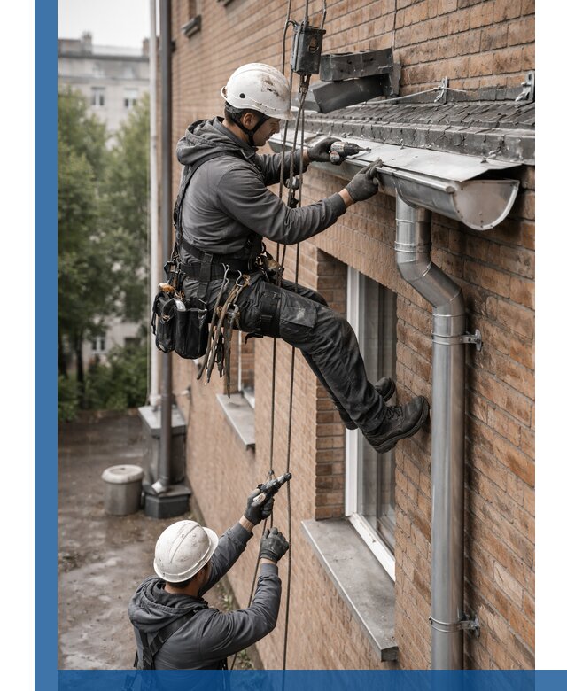 Монтаж водосточной системы на здании в Хабаровске под ключ