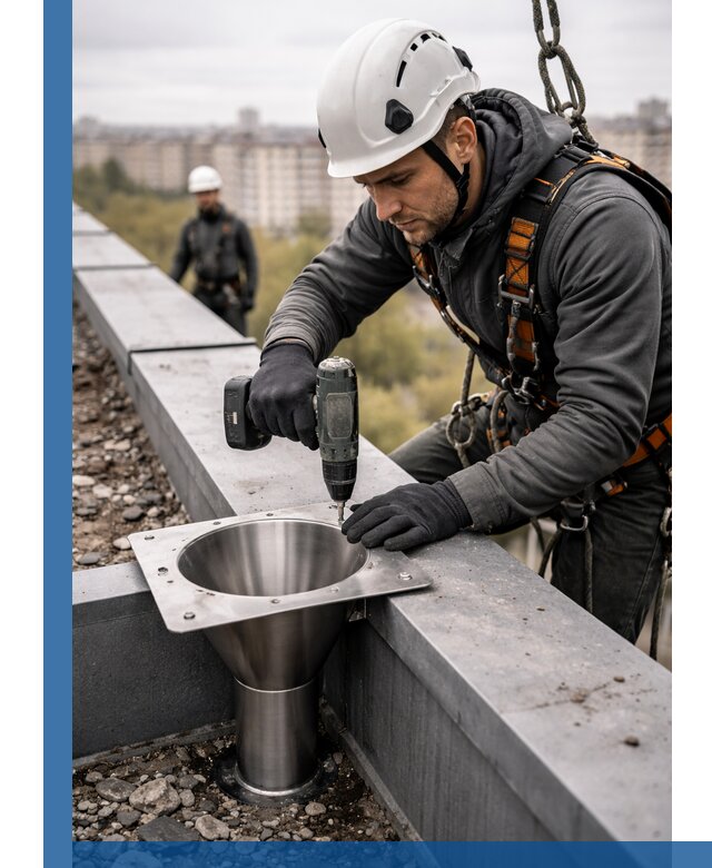 Монтаж водосточных воронок в Хабаровске для промышленных зданий