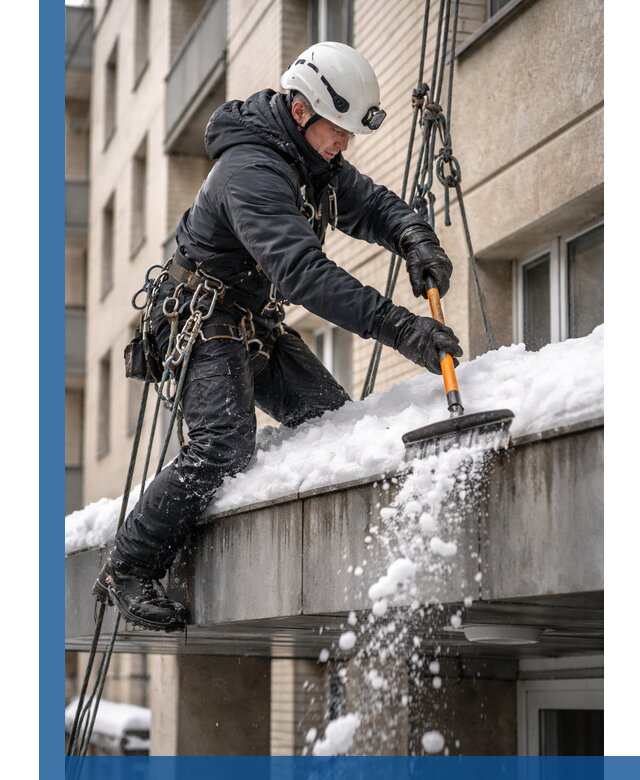 Очистка козырьков от снега в Хабаровске круглогодично безопасно