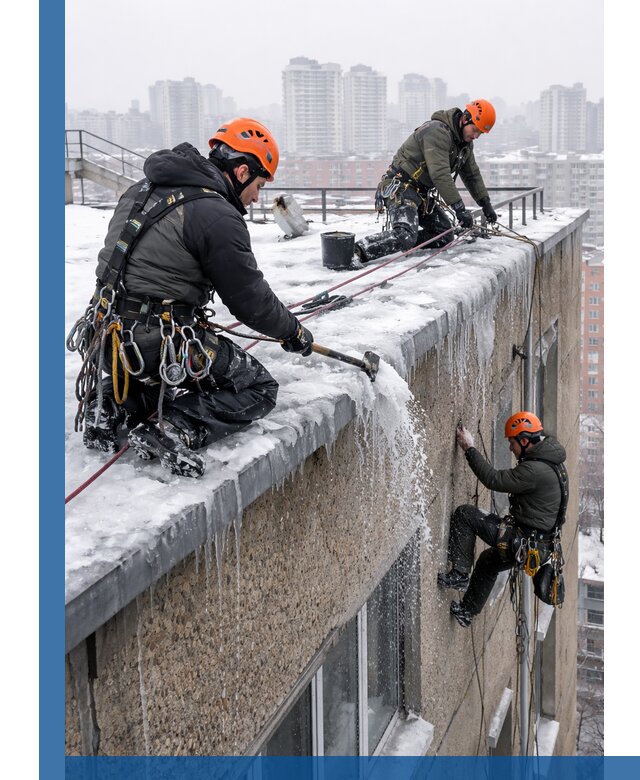 Удаление наледи с кровли в Хабаровске промышленными альпинистами