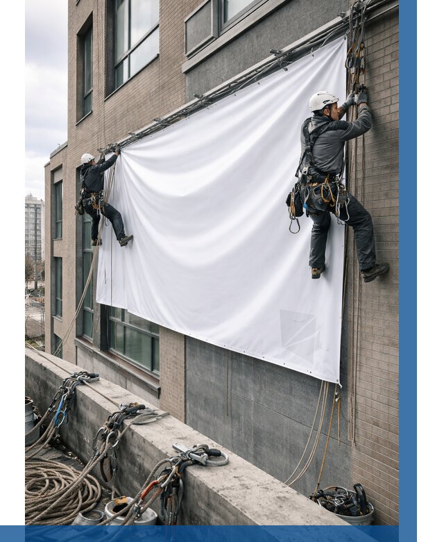 Монтаж баннеров на фасаде в Хабаровске от 669 р. заказать ВЫСОТНИК-Хбр