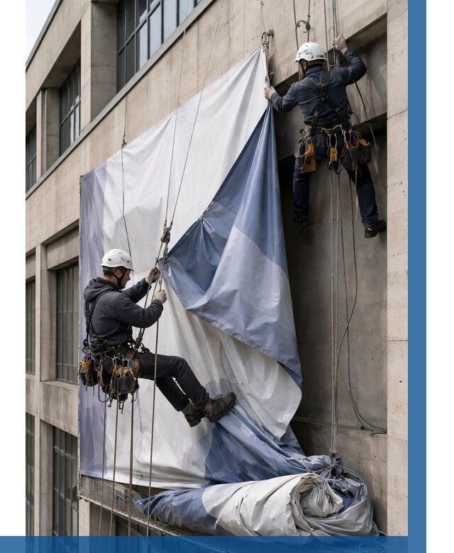 Демонтаж баннеров с фасада в Хабаровске от 4630 р. | ВЫСОТНИК-Хбр