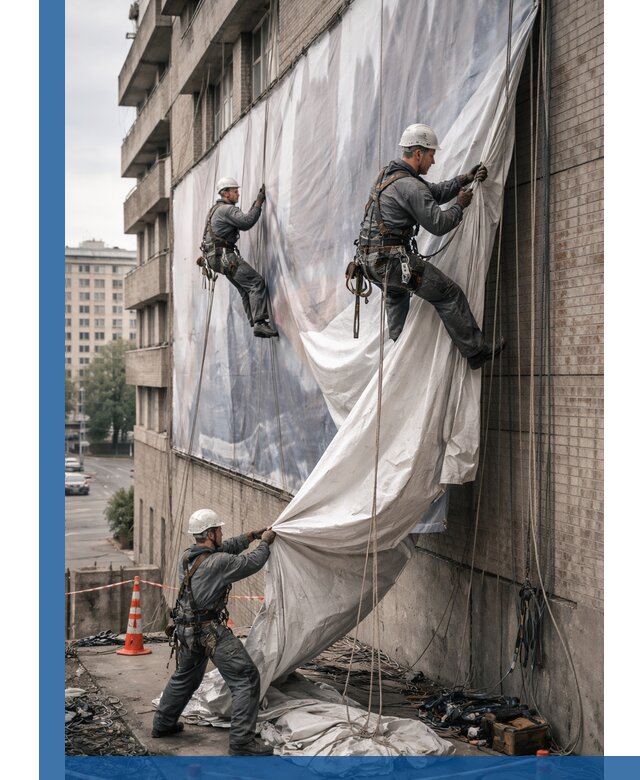 Демонтаж баннеров с фасада в Хабаровске оперативно и безопасно