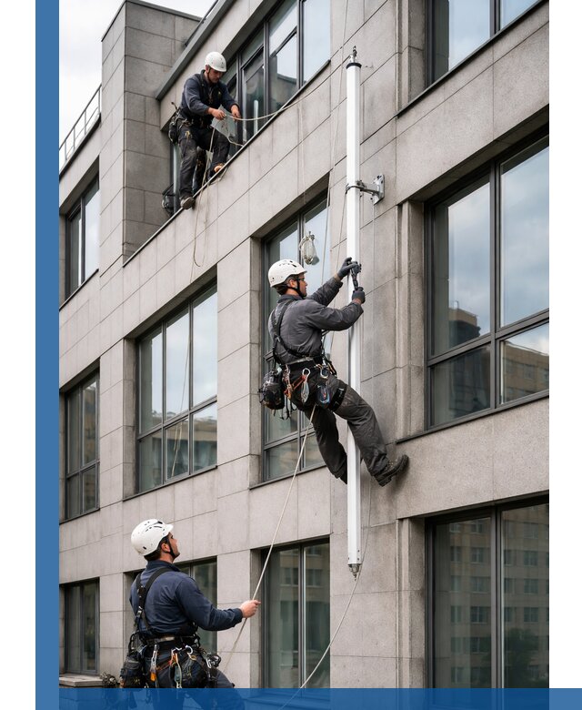 Монтаж флагштока на фасаде здания с креплением и герметикой в Хабаровске