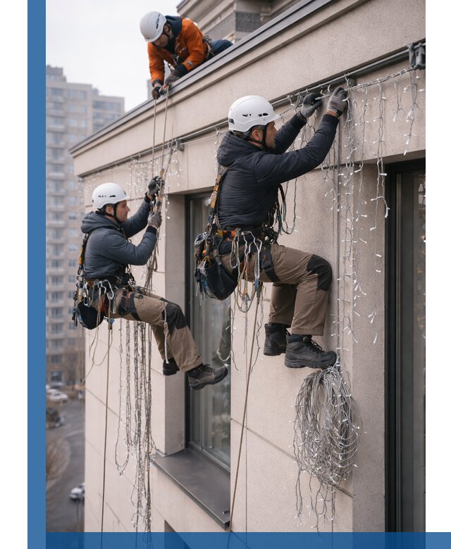 Монтаж праздничных гирлянд на фасаде в Хабаровске для зданий