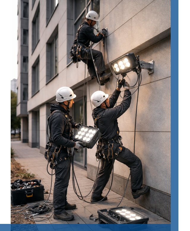 Монтаж прожекторов на фасаде в Хабаровске от 7716 р. | ВЫСОТНИК-Хбр