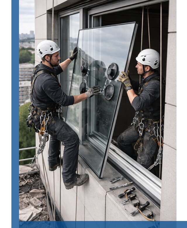 Замена стеклопакетов на высоте с промышленными альпинистами в Хабаровске