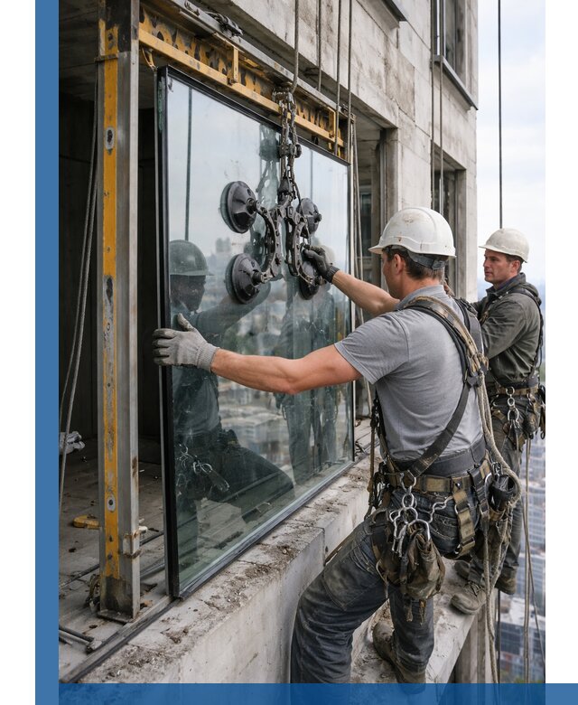 Монтаж стеклопакетов на высоте в Хабаровске с промышленным альпинизмом