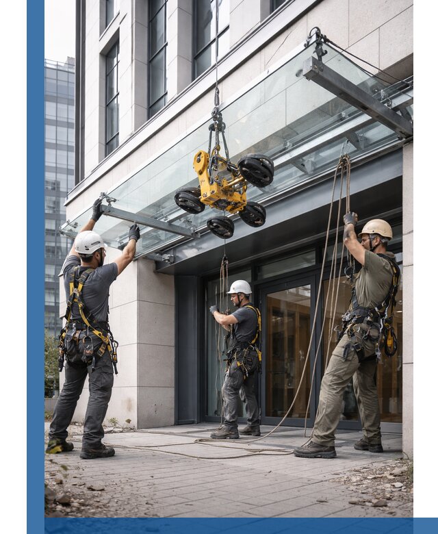 Монтаж стеклянных козырьков под ключ в Хабаровске для зданий