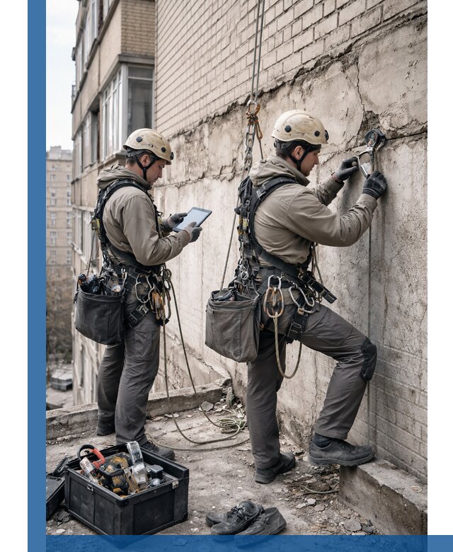 Обследование фасада промышленными альпинистами в Хабаровске